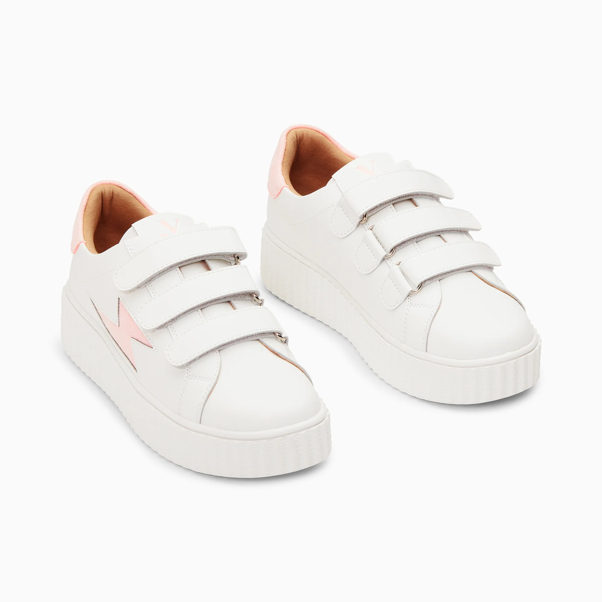 Sneakers-Baskets éclair Vicky blanc et rose à scratchs