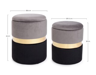 Pouf POLINA 2er Set grau/ goldfarbig/ schwarz