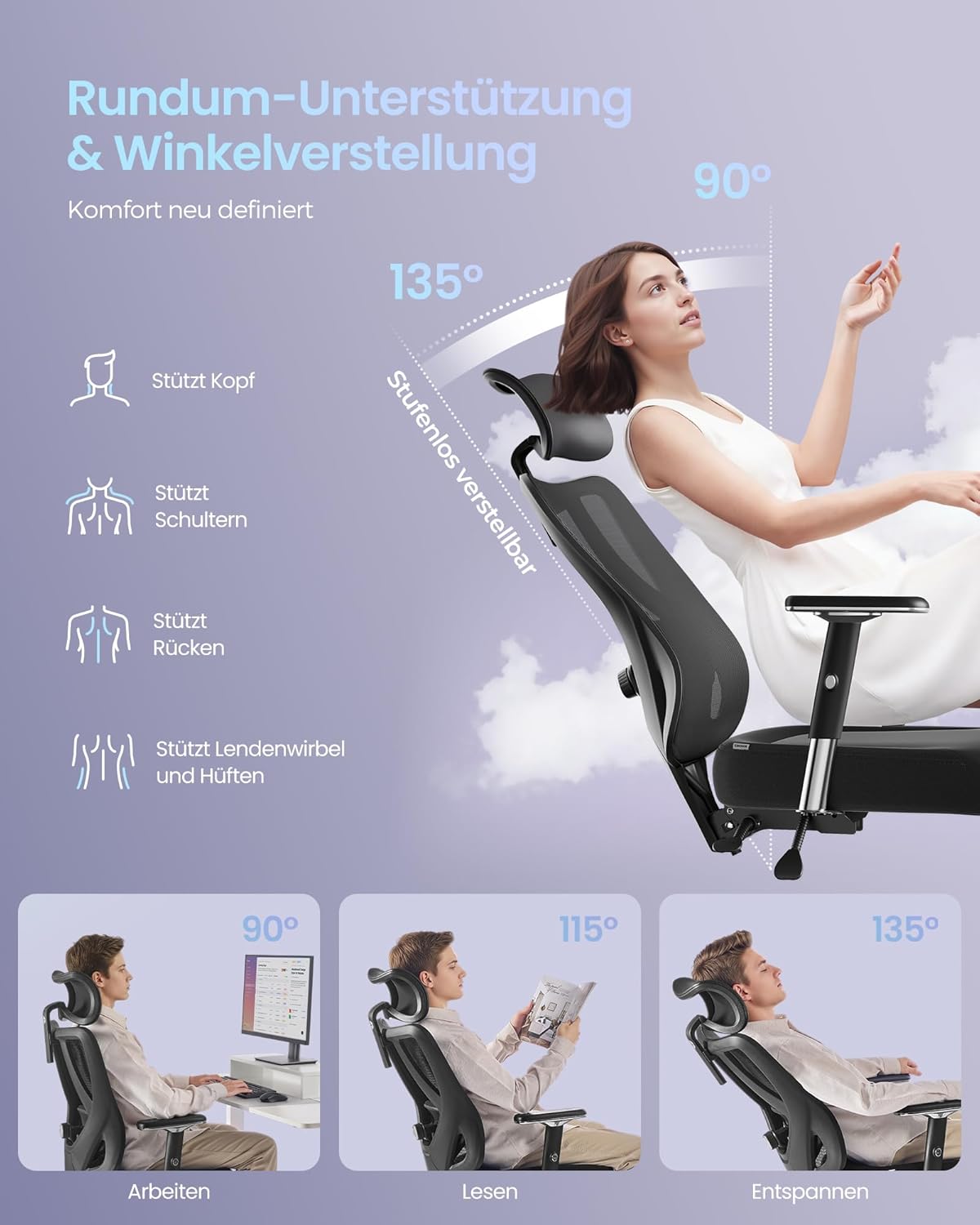 SONGMICS Bürostuhl ergonomisch, Schreibtischstuhl, Gaming-Stuhl, verstellbare Lenden-, Kopfstütze, Armlehnen, für Verschiedene Körpergröße, bis zu 150 kg belastbar, tintenschwarz OBN067BH01