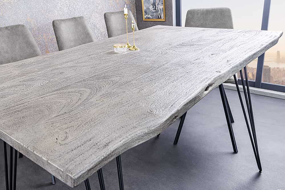 Massivholz Esstisch SCORPION 140cm grau Akazie Baumkante schwarze Metallbeine Hairpin Legs