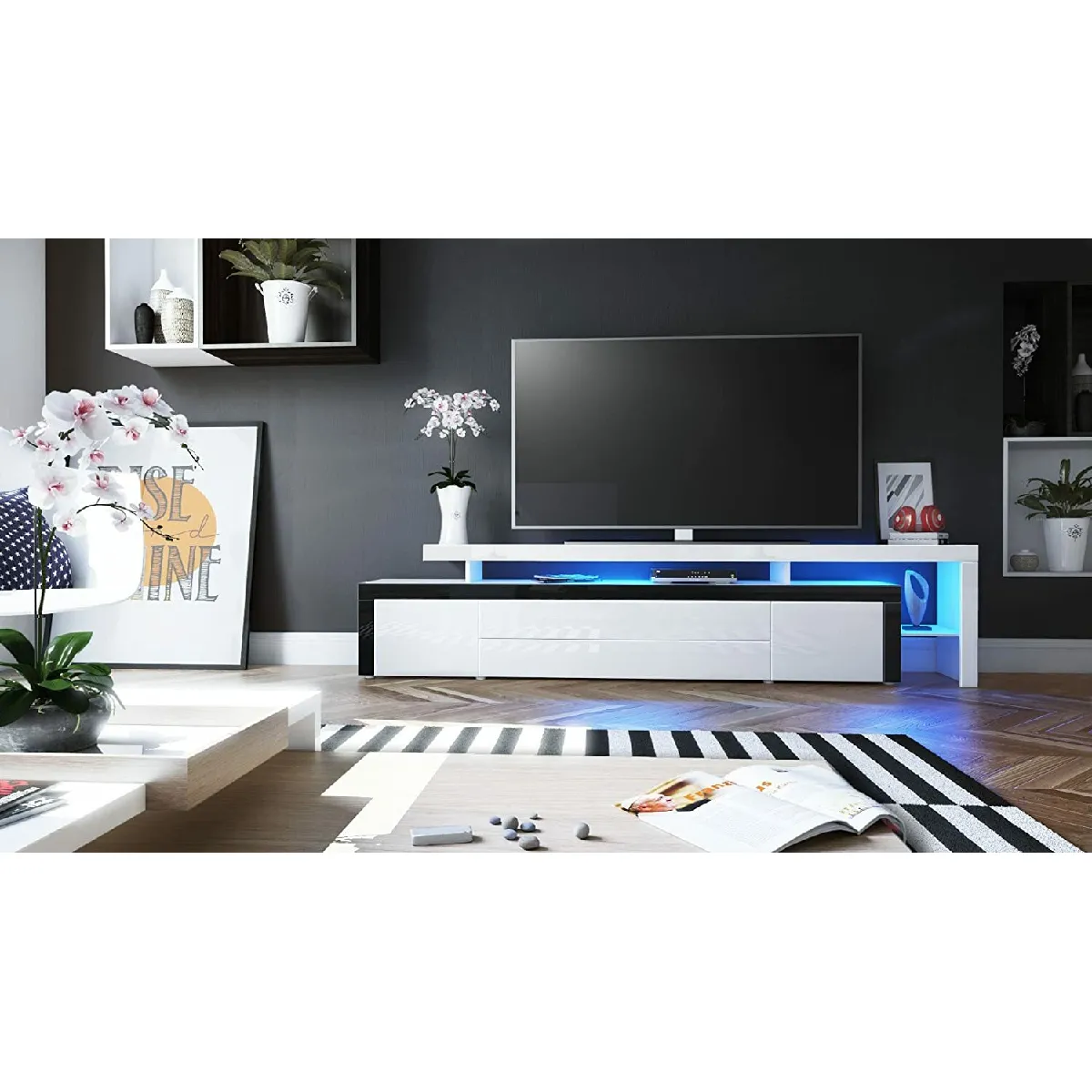 MPC Meuble TV blanc et noir avec LED