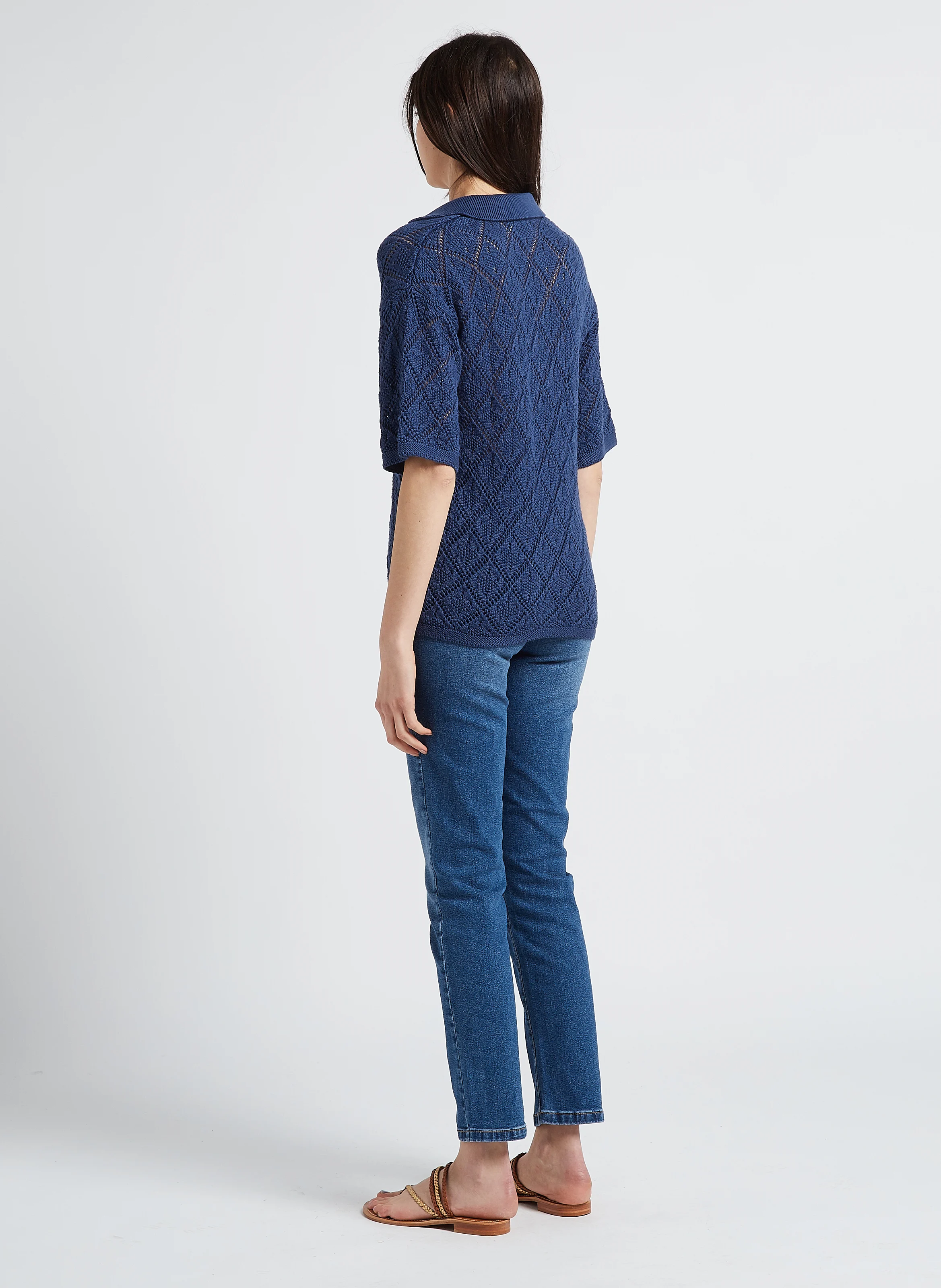 Jean droit taille mi-haute en denim de coton| Bleu