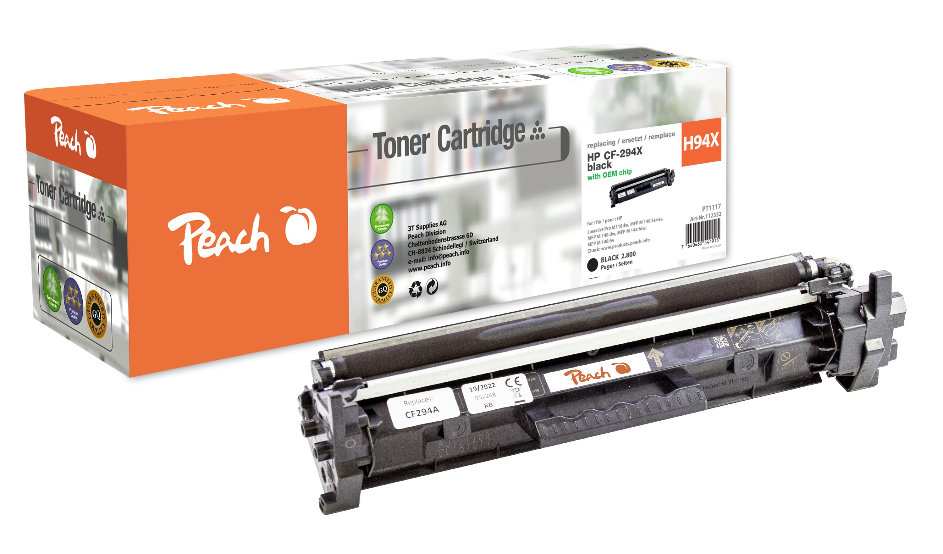 Peach HP 94 A Toner bk ersetzt HP No. 94A, CF294A für z.B. HP LaserJet Pro M 118 dw, HP LaserJet Pro MFP M 148 dw, HP LaserJet Pro MFP M 148 fdw (wiederaufbereitet)
