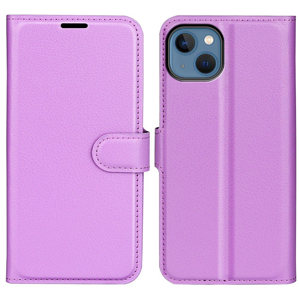 iPhone 14 Leder Tasche Flip Cover Litchi Look - Lila