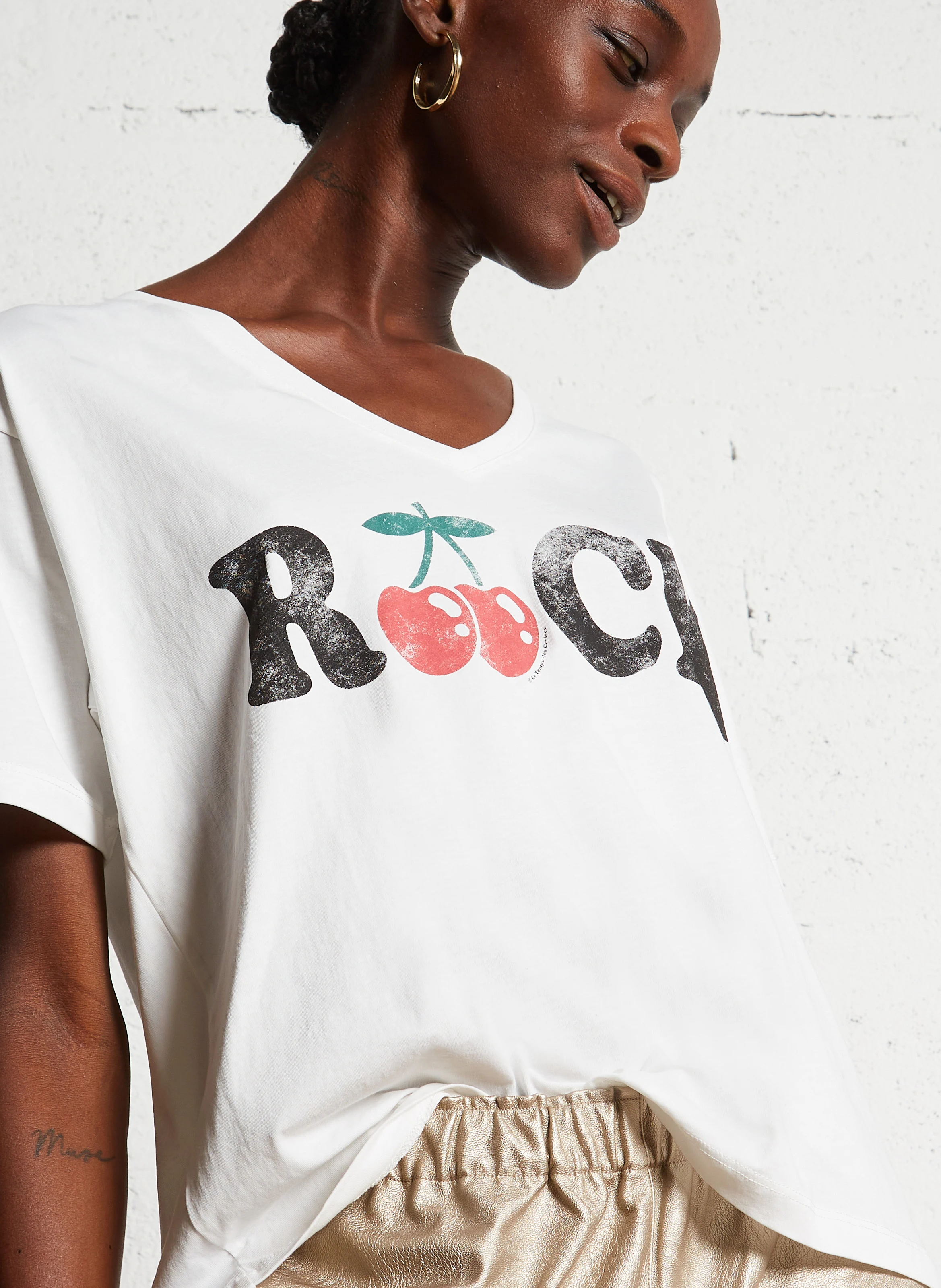 AULDI - Tee-shirt ample col v en coton | Blanc