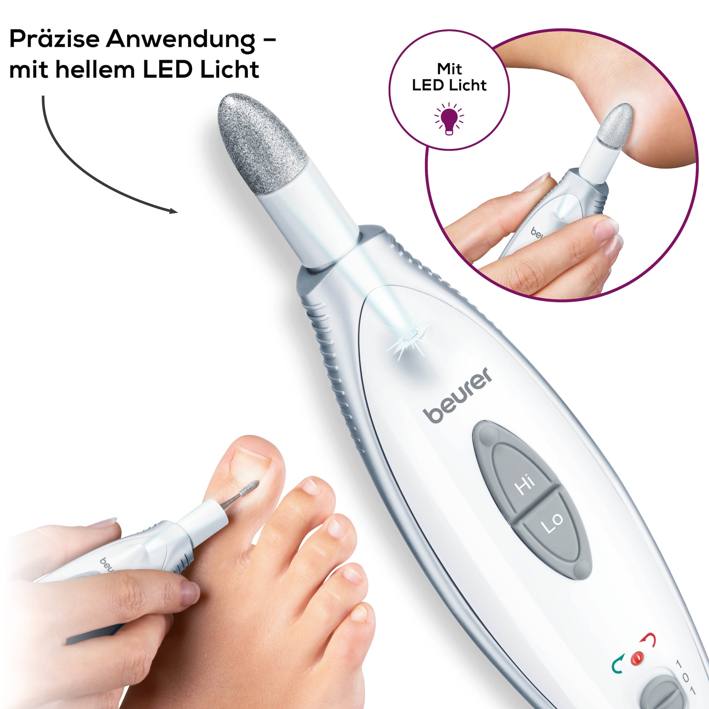 BEURER Maniküre-Pediküre-Set »MP 41 elektrische Nagelfeile, für gepflegte Hände und Füsse zuhause« Inkl. 7 Aufsätze aus Saphir und Filz, mit LED-Licht und Etui