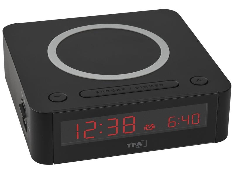 TFA Dostmann Digitalwecker Easy Charge Schwarz Digitaler Wecker mit kabelloser Ladestation