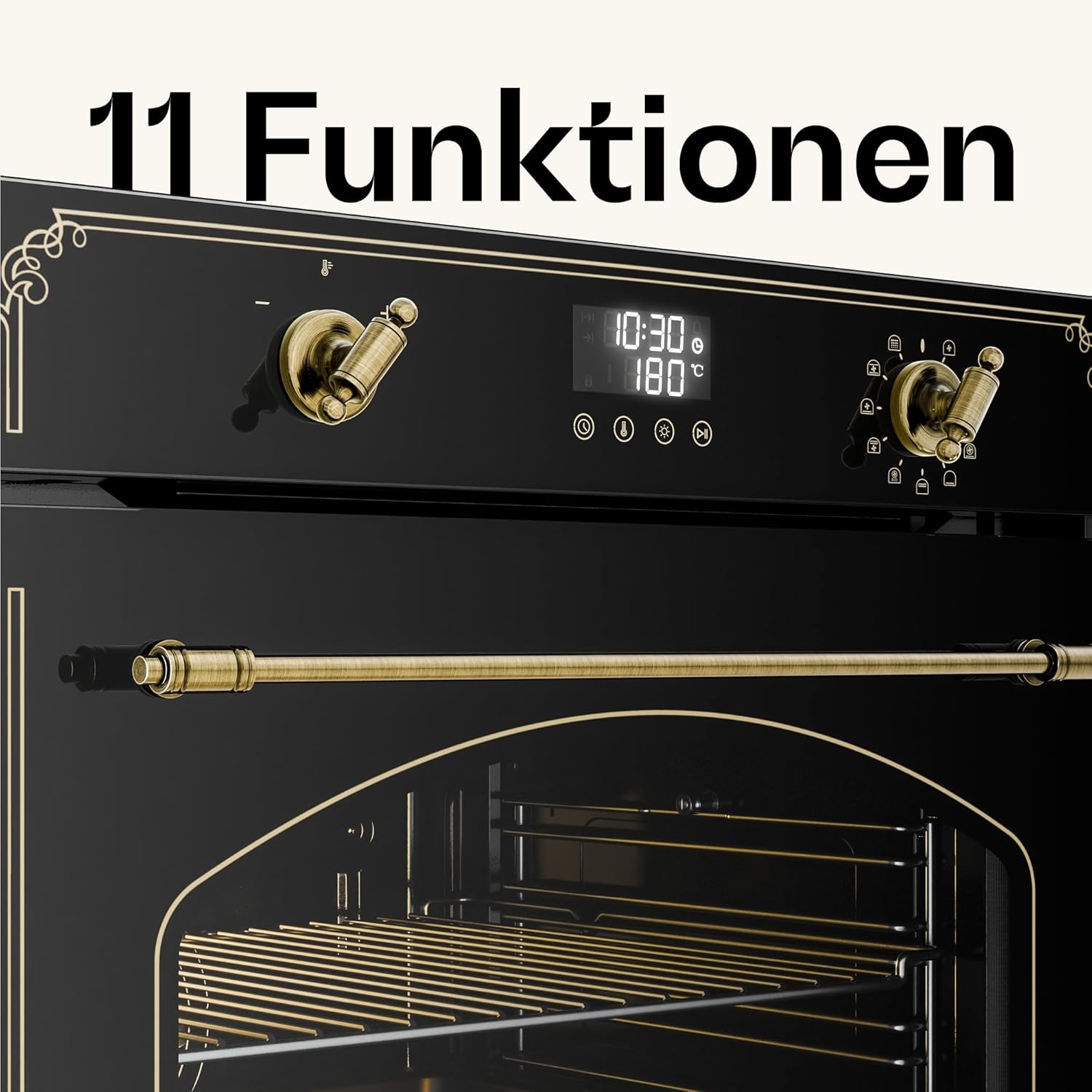 Klarstein Victoria Pyro Einbaubackofen 60 cm – 76L, Pyrolyse, 11 Funktionen, Retro Design, Energieklasse A, Timer, Einbau Backofen ohne Kochfeld, Vierfachverglasung, Emaille-Innenraum, Schwarz