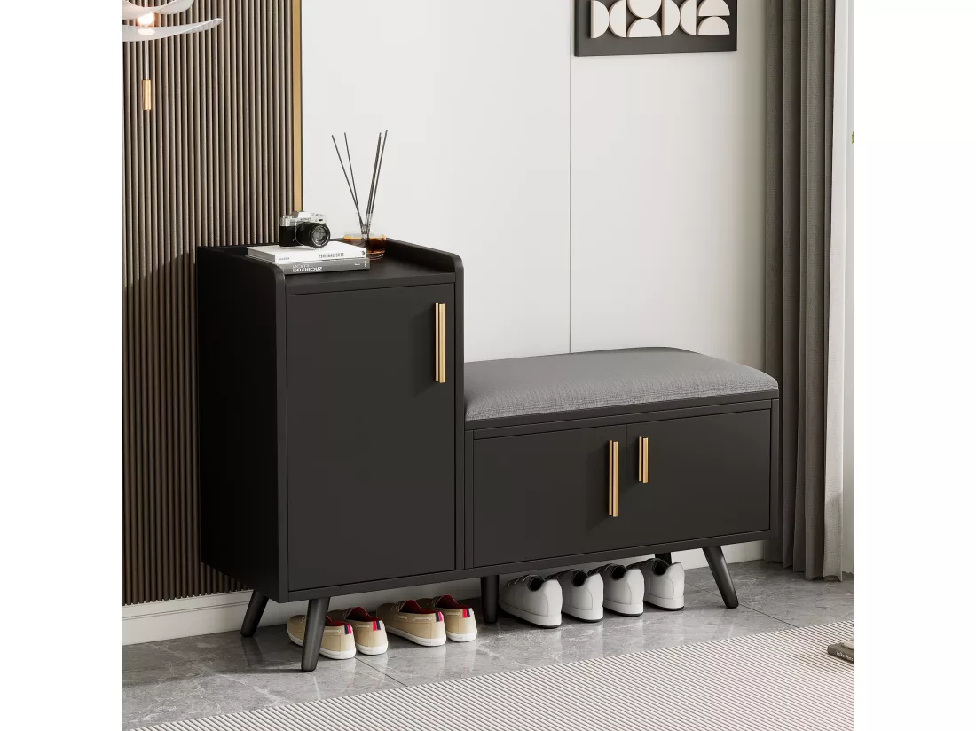Banc à chaussures moderne avec 3 portes et coussin - pièds et poignées en métal - coloris noir - 100 x 34 x 69 cm