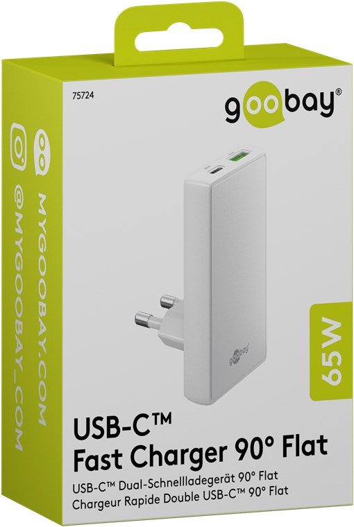 (65W) Dual 90° Flat USB C / USB A GaN Ladegerät Netzteil Power Delivery Quick Charge (75724) - Weiss