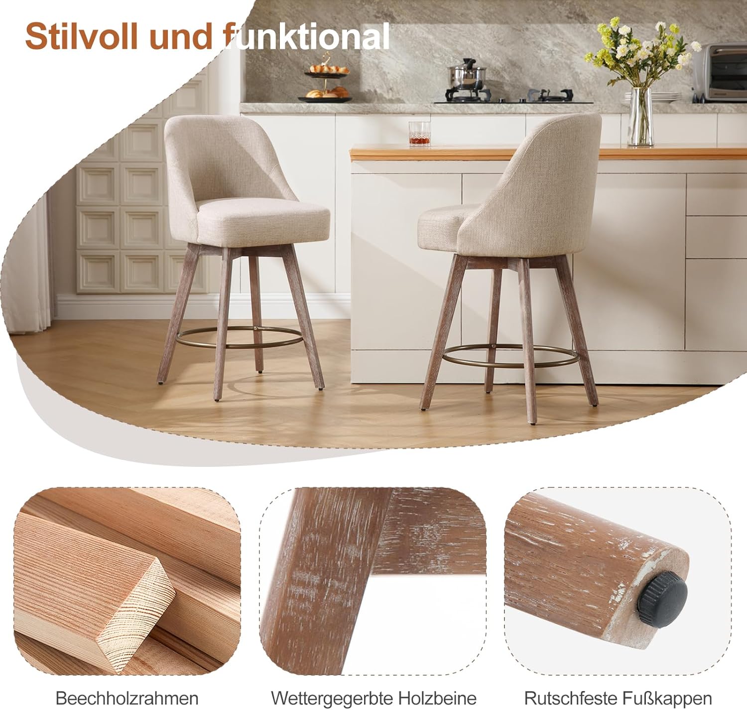Bekrvio 360°Drehbarer Barhocker 2er Set,Barhocker mit Lehne 65cm Sitzhöhe,Tresenhocker Drehhocker,Küchenstühle mit Holzbeinen & Fußstütze,Komfortabler Barstuhl mit Gepolsterter (Milchig Braun, 2PCS)