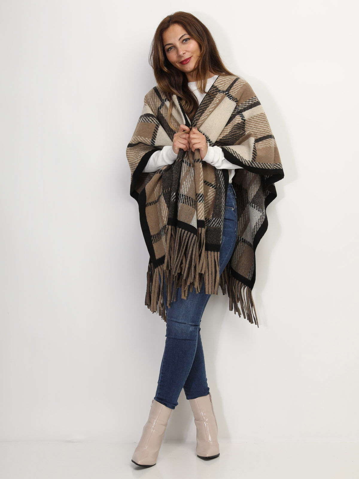 Poncho à franges motif tartan- Taupe