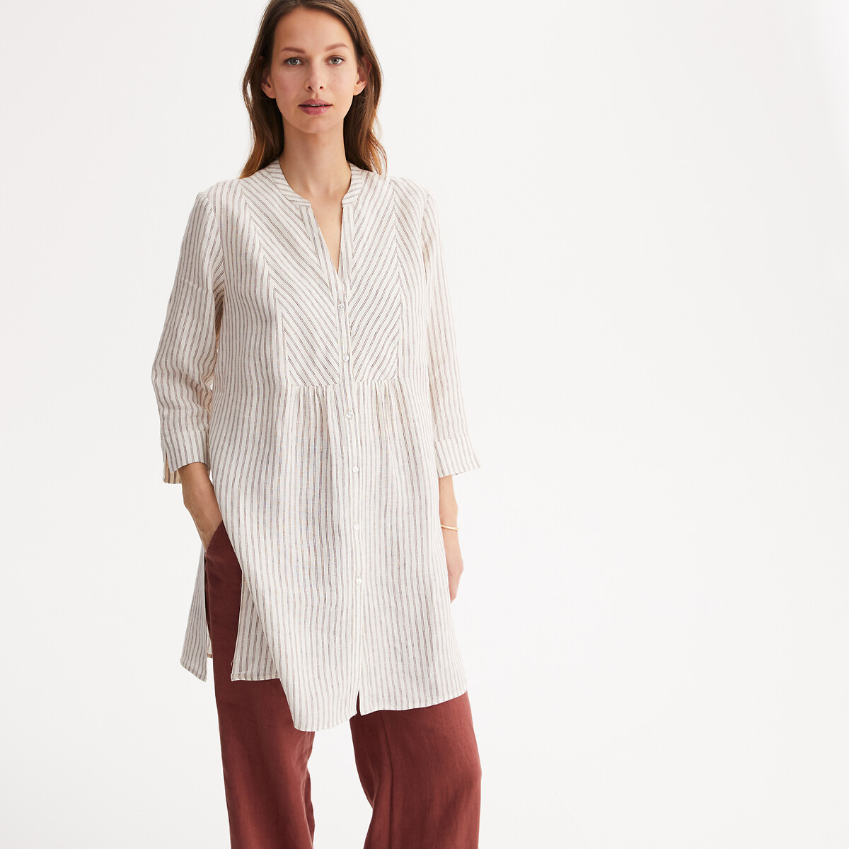 ANNE WEYBURN<br>Túnica de linho com gola tunisiana e mangas 3/4
