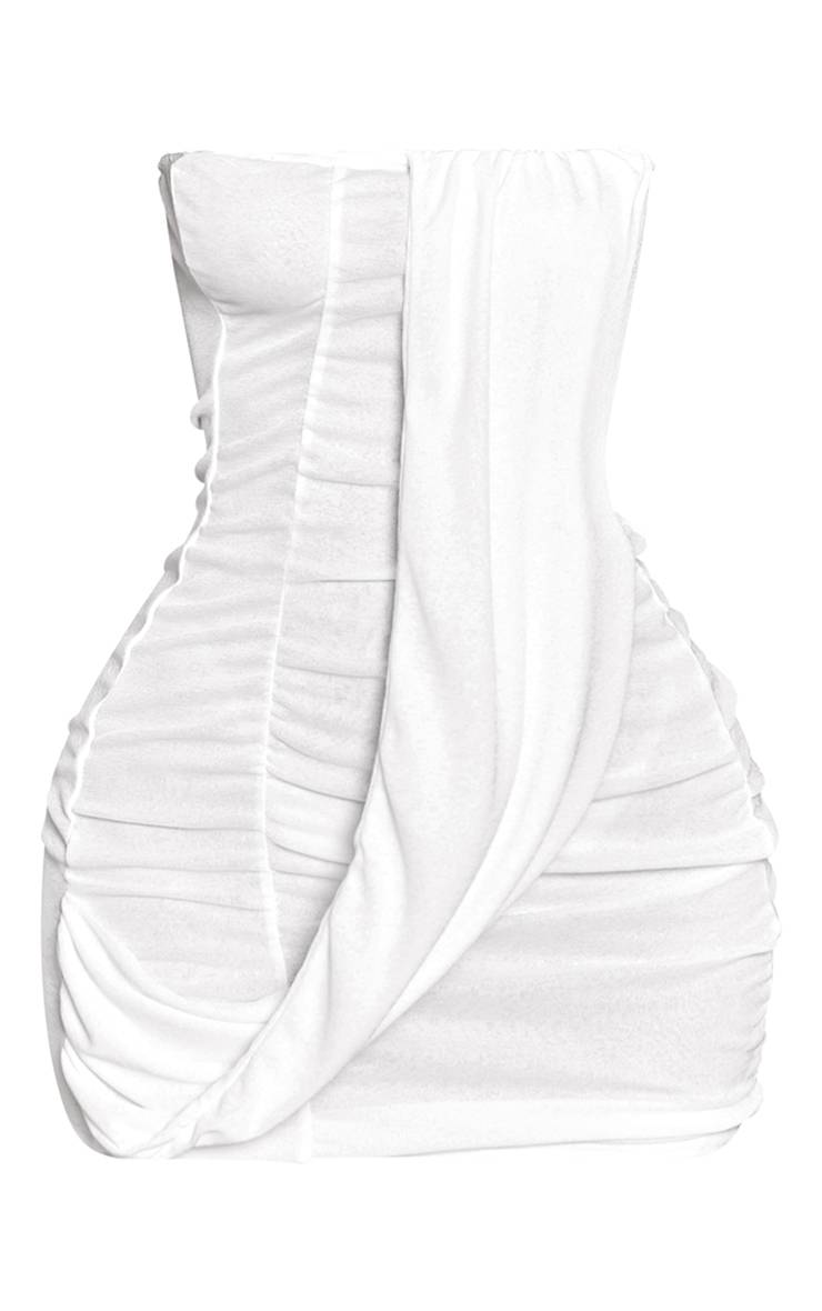 Crème Robe Mini Moulante À Encolure Bandeau Drapée En Mesh Dévoré