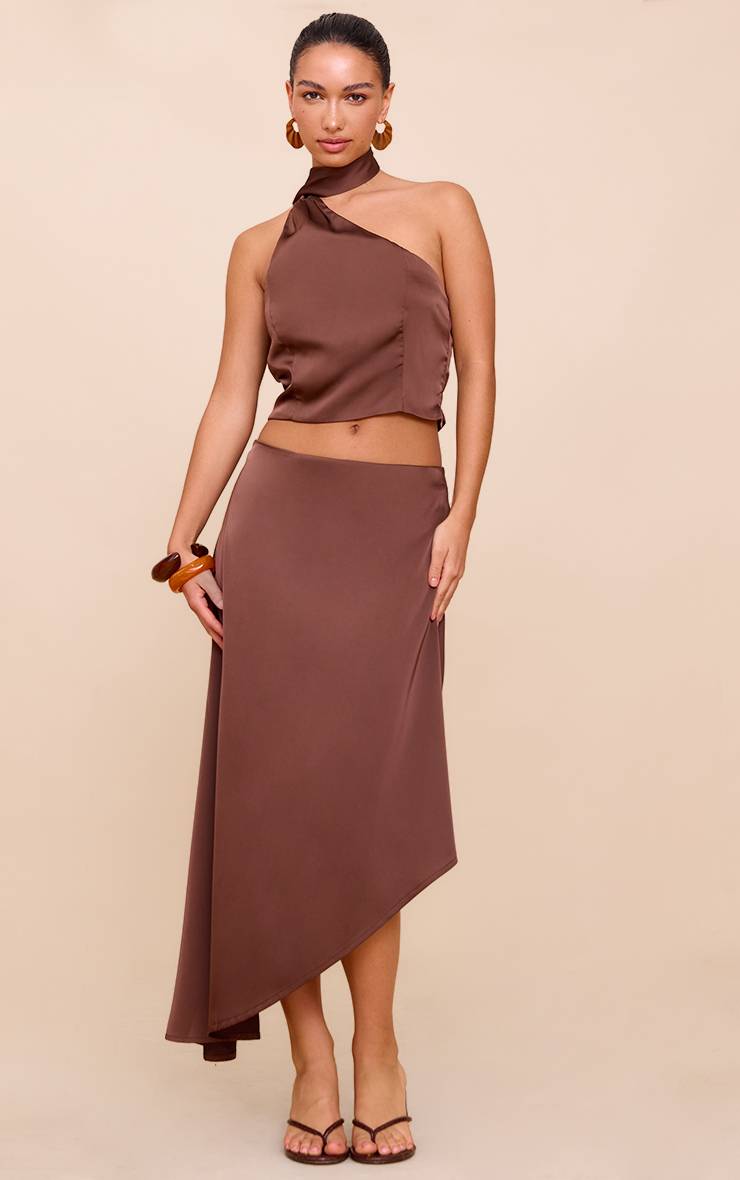 Marron Foncé Top Court En Satin Avec Détail Foulard