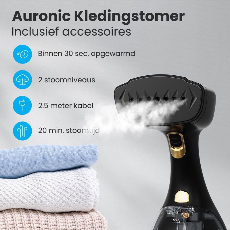 Auronic Kledingstomer - Stoomapparaat - Handstomer voor Kleding en Meubilair - 300ml - Steamer - Zwart