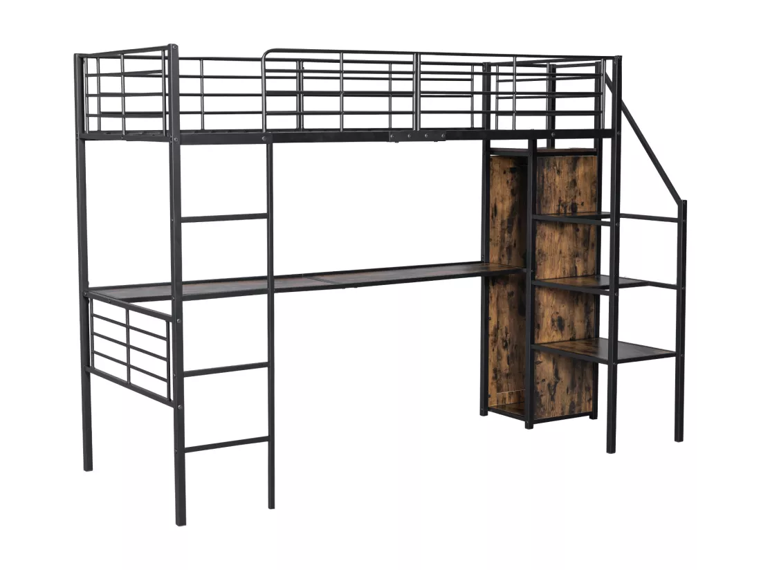 Lit mezzanine 90 x 200 cm avec bureau, armoire et marches de rangement - Métal + MDF - Noir (sans matelas)