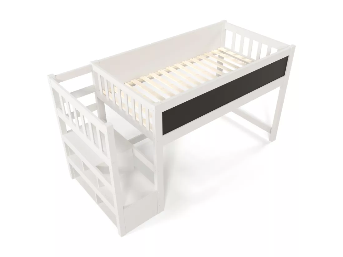 Lit mezzanine en pin massif - 90x200cm - avec un tableau noir - Blanc