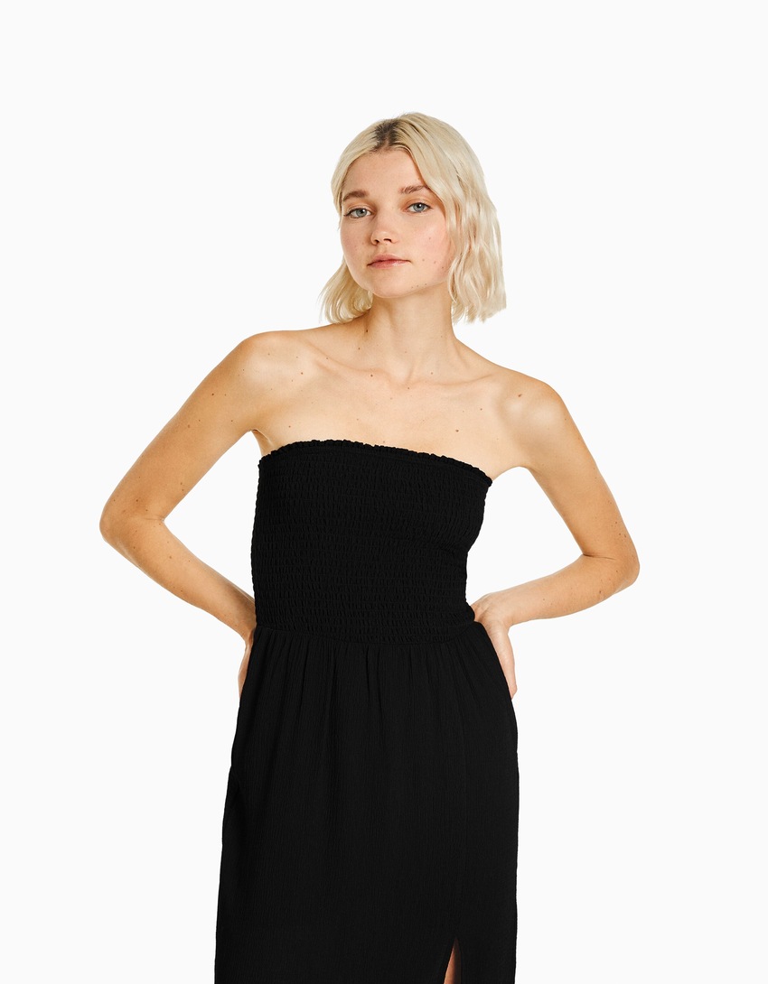 Vestido longo bandeau com franzido