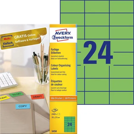 Avery Zweckform 3450 Farbige Etiketten,A4 70 x 37 mm, 100 Bogen/2.400 Etiketten, grün