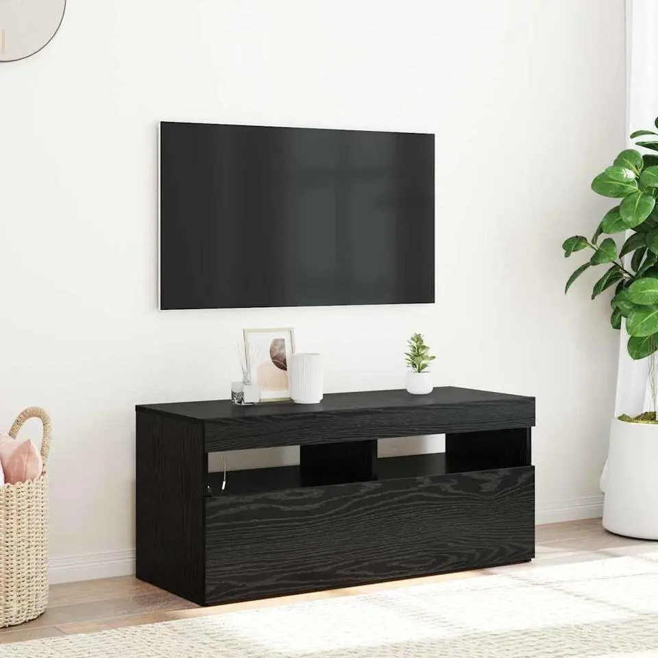 vidaXL - LED TV-meubel met deur - Zwart eiken - Hout - 90x35x40 cm
