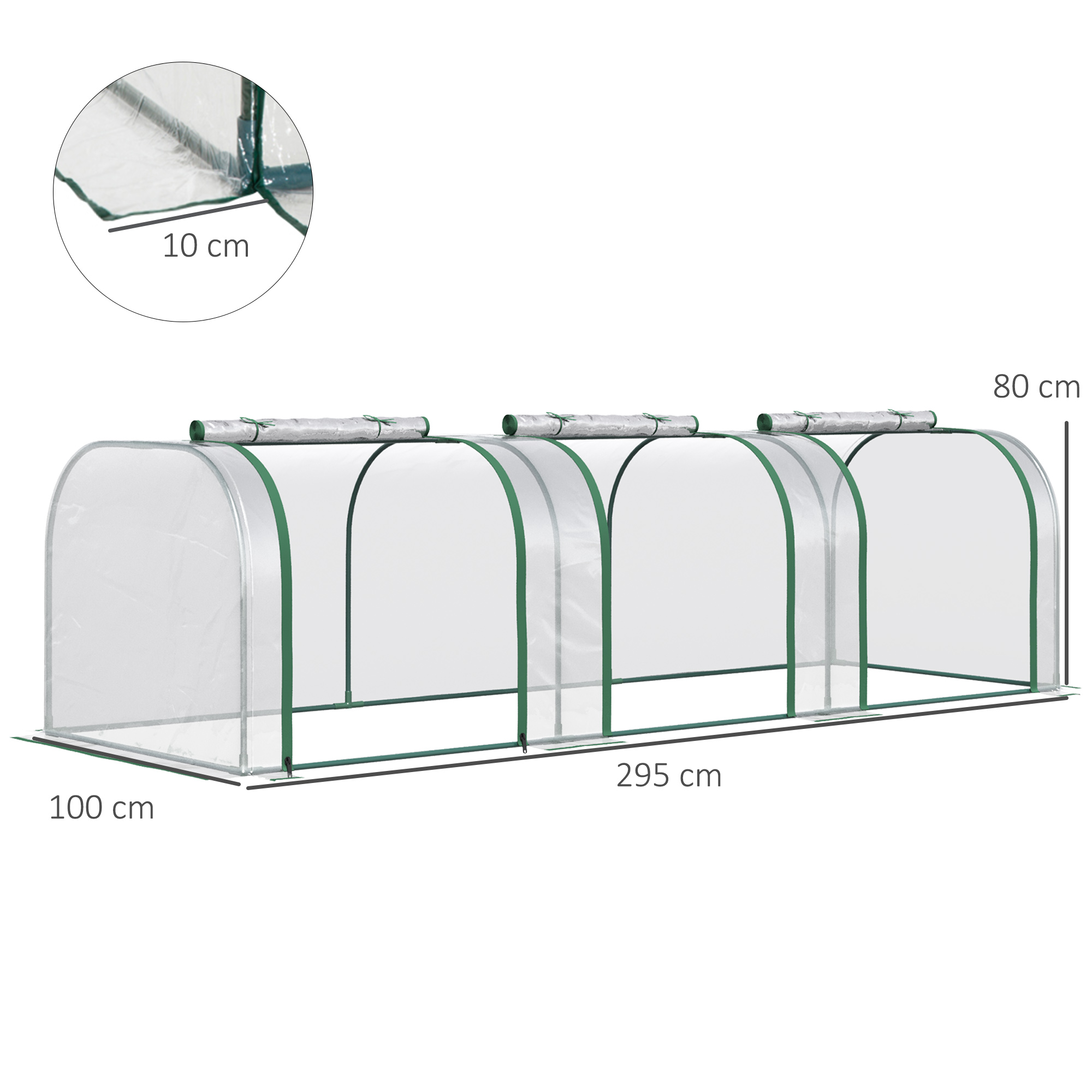 Estufa de jardim Outsunny, 295x100x80 cm, tipo túnel, para cultivo de plantas, mudas e viveiro doméstico, com estrutura de aço e cobertura transparente de PVC.
