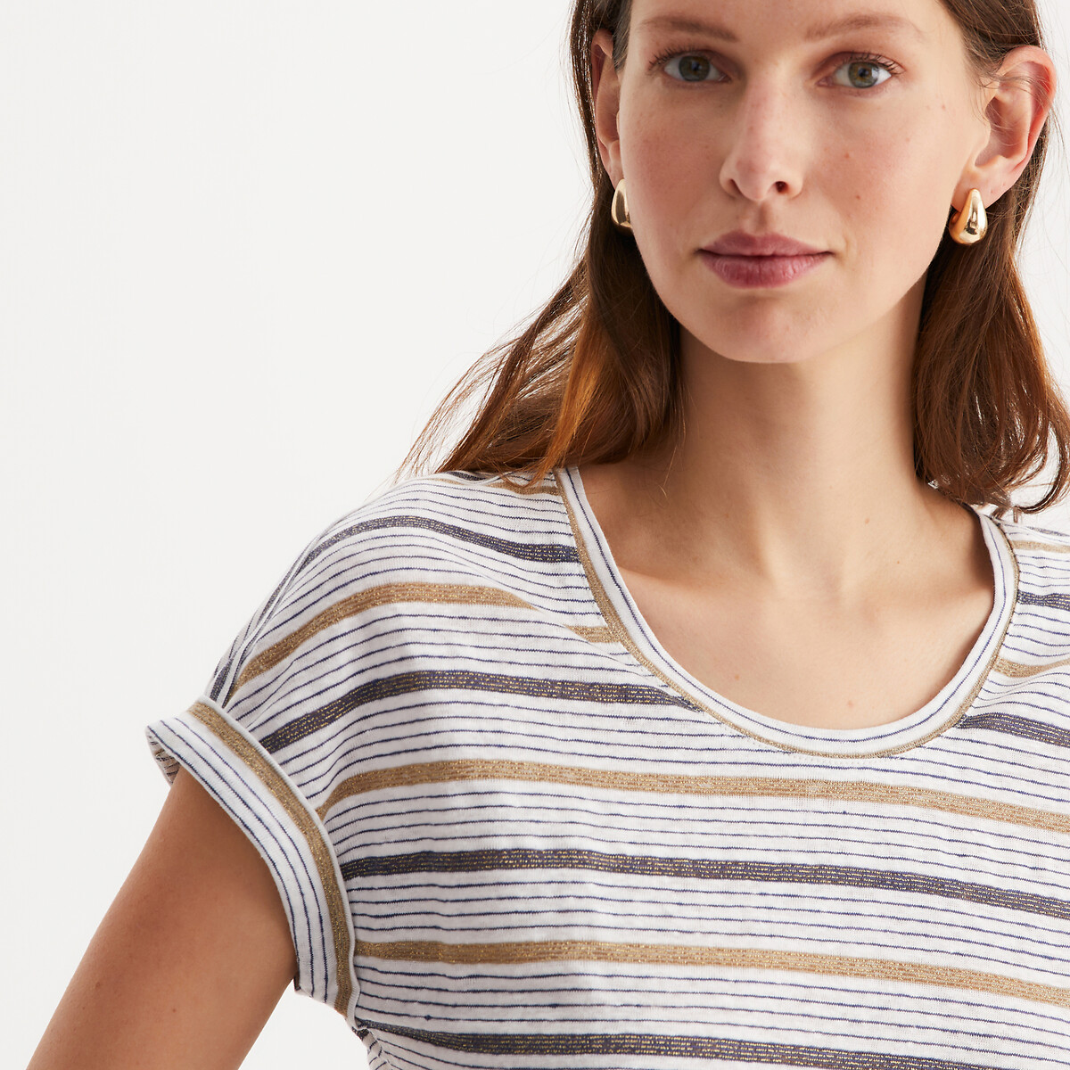 ANNE WEYBURN<br>Camiseta listrada de linho, gola redonda, mangas curtas