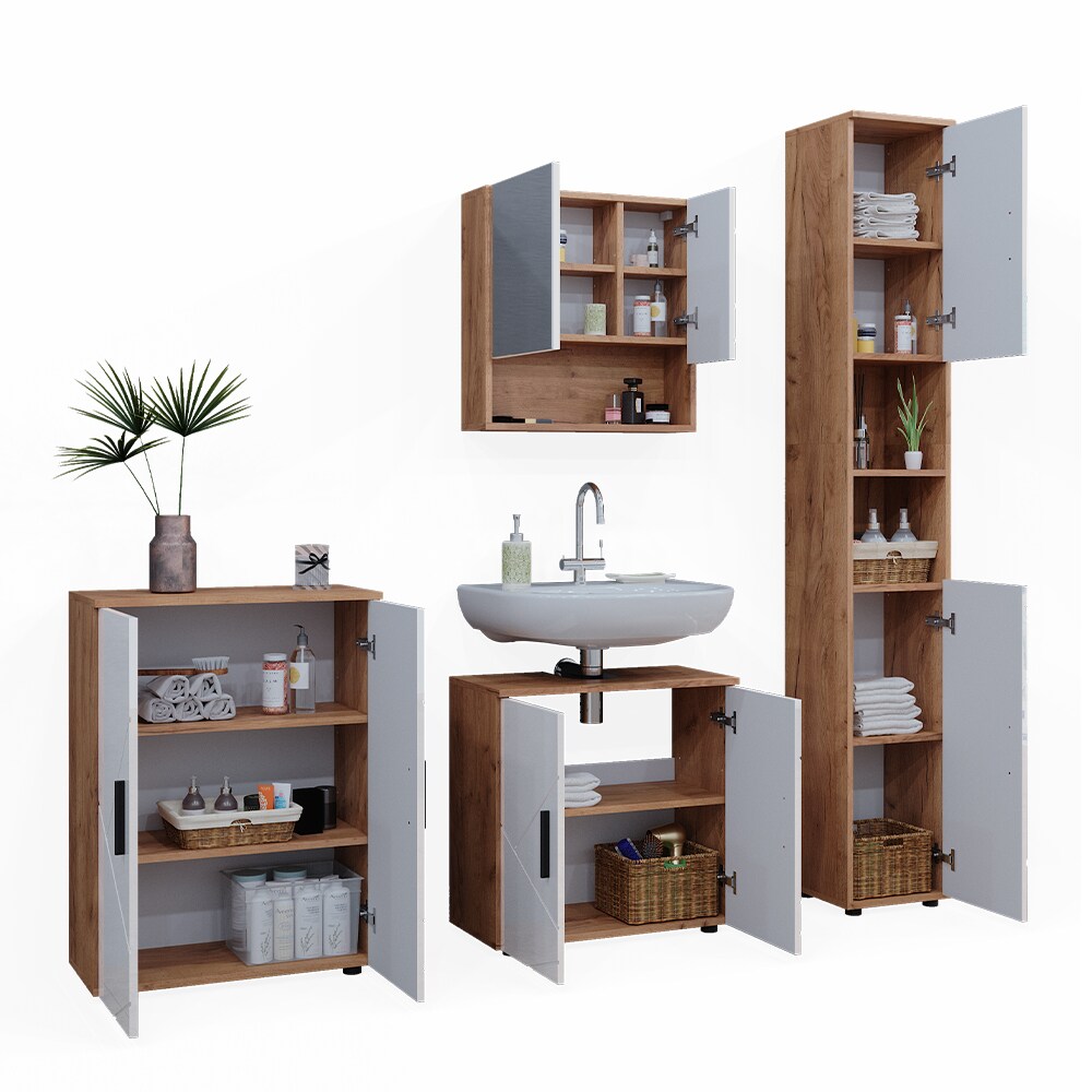 Vicco Badmöbelset Irma Eiche Weiß Hochglanz modern Badezimmerschrank Badschrank Badezimmermöbel Waschtischunterschrank Spiegelschrank Hochschrank Kommode Schranktür Schrankfach