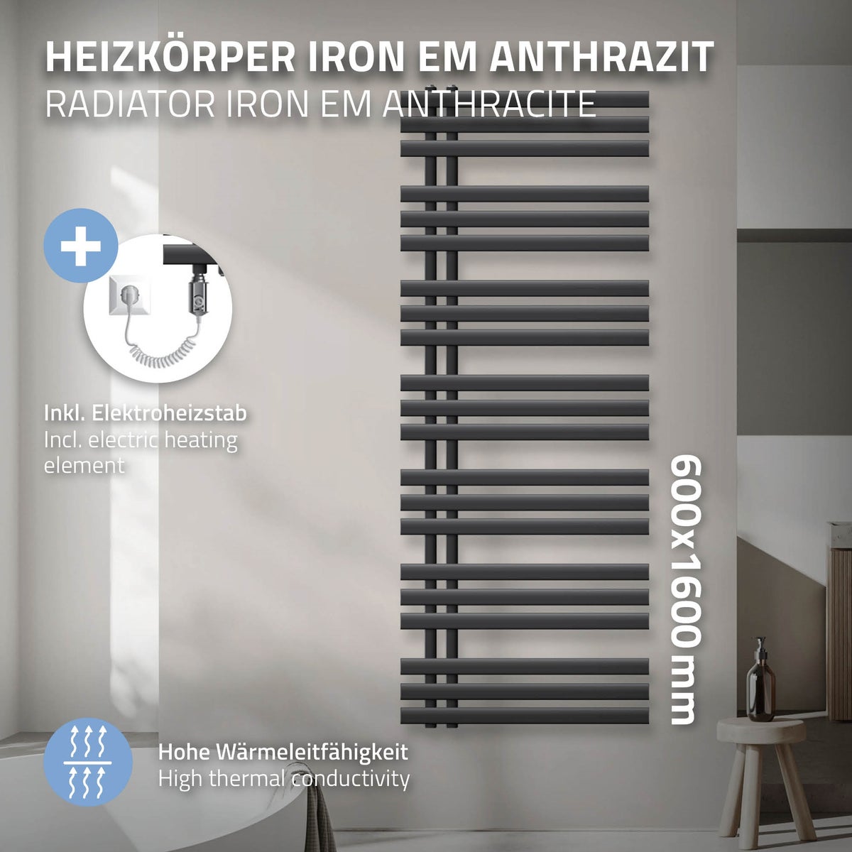 ECD Germany Iron EM Design Elektrische Badkamerradiator met Verwarmingselement 1200 W - 600 x 1600 mm - Antraciet - Designradiator Paneelradiator Handdoekwarmer Handdoekdroger