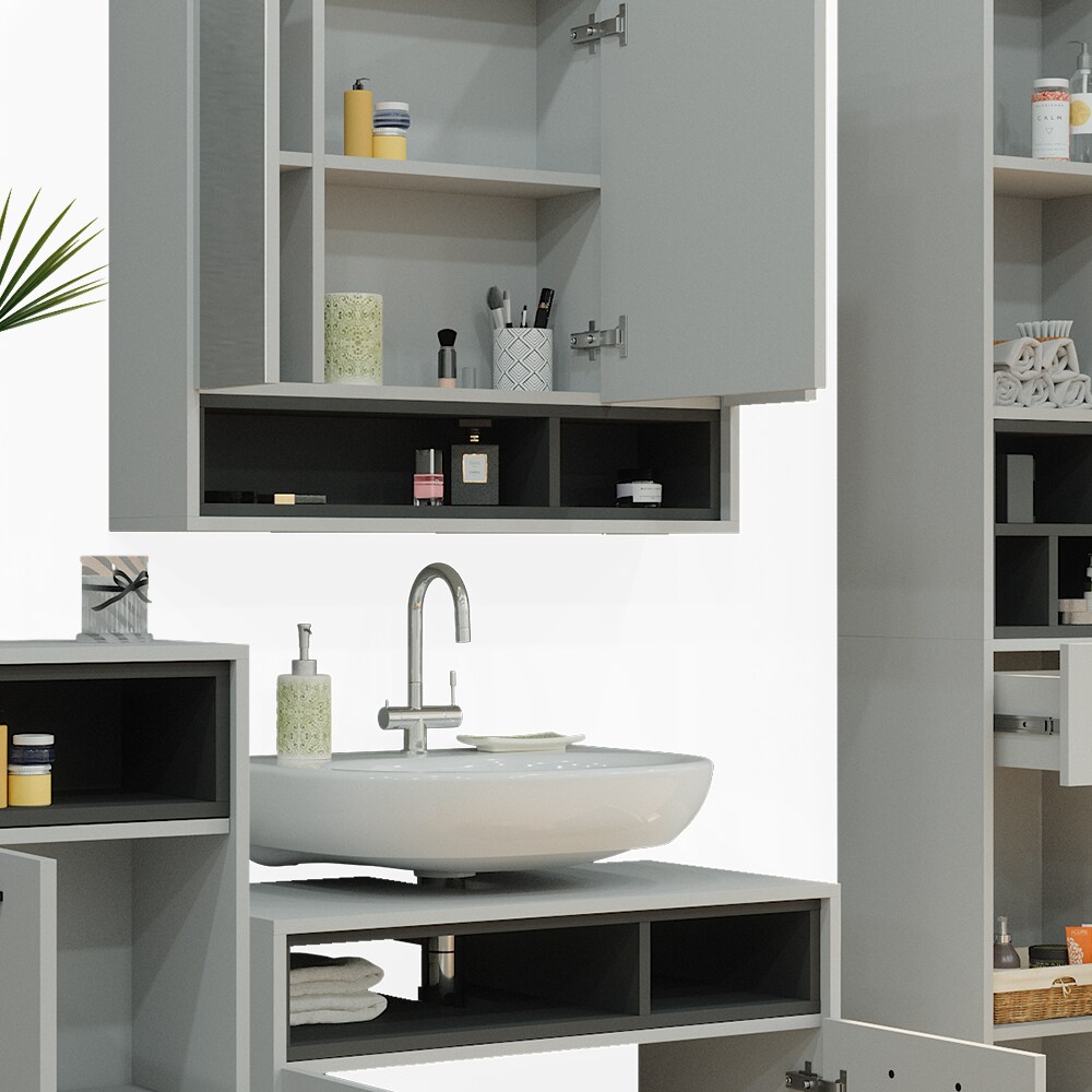 Vicco Badmöbel-Set Badezimmer-Möbel Bad-Schrank Beatrice Grau Anthrazit modern Badezimmerschrank Waschtischunterschrank Spiegelschrank Midischrank Hochschrank Schranktür Schrankfach