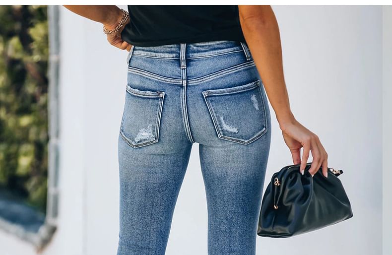 PERKARP - Skinny jeans met middelhoge taille, knoopsluiting en distressed wash
