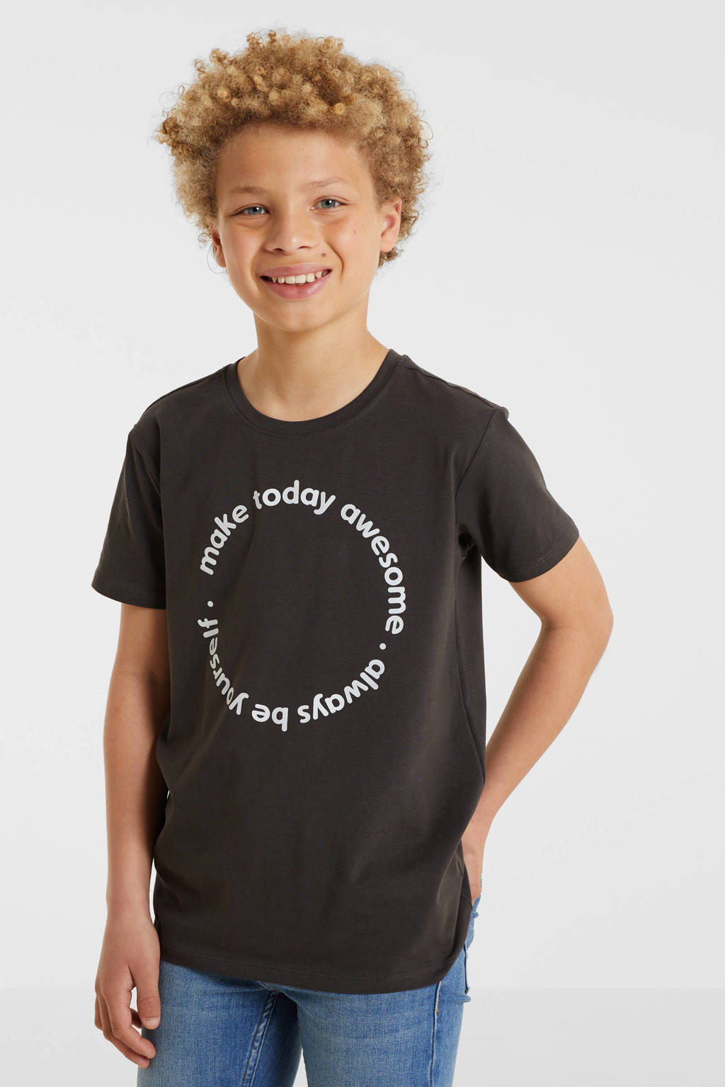 anytime T-shirt met tekstopdruk donkergrijs
