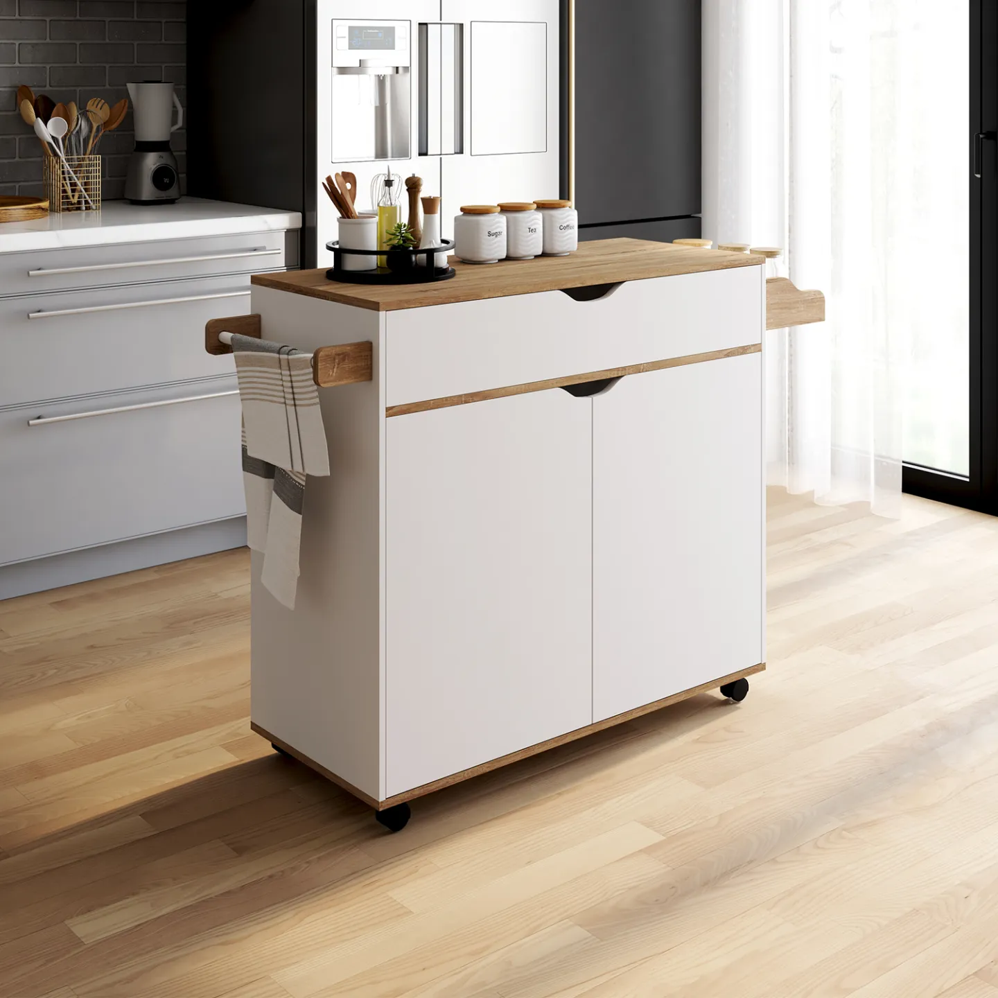 Desserte de cuisine COSY XXL placard avec tiroir blanc et plateaux façon hêtre L.90 CM