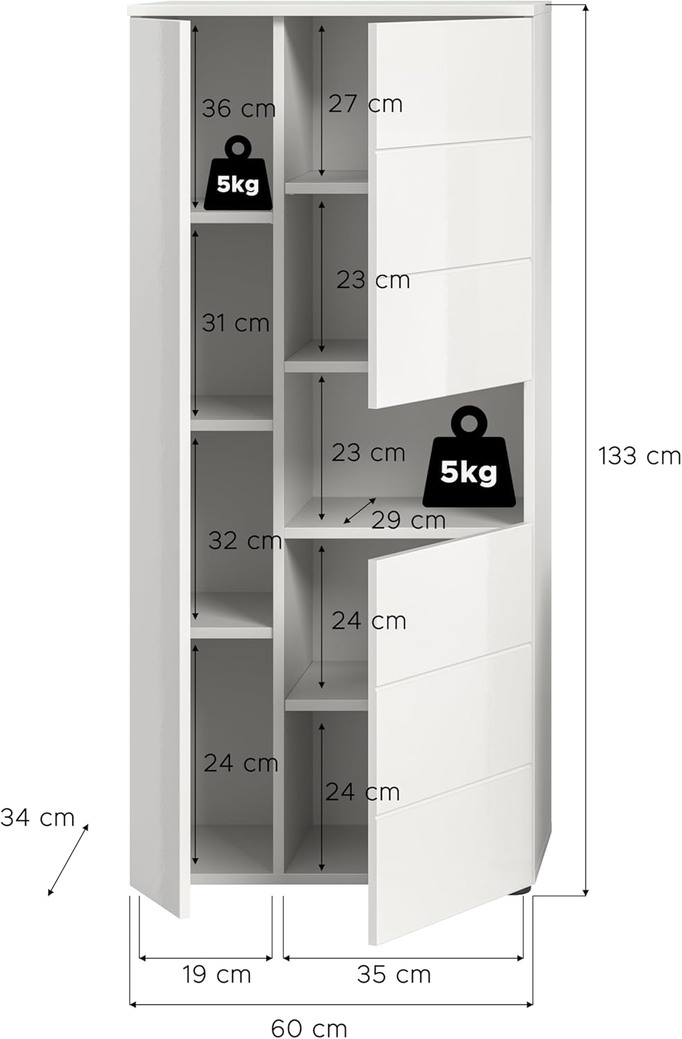 xonox.home Bad Vira X2LA9717 Standschrank Schrank Badschrank in weiß Hochglanz tiefzieh, ca. 60x133x34 cm