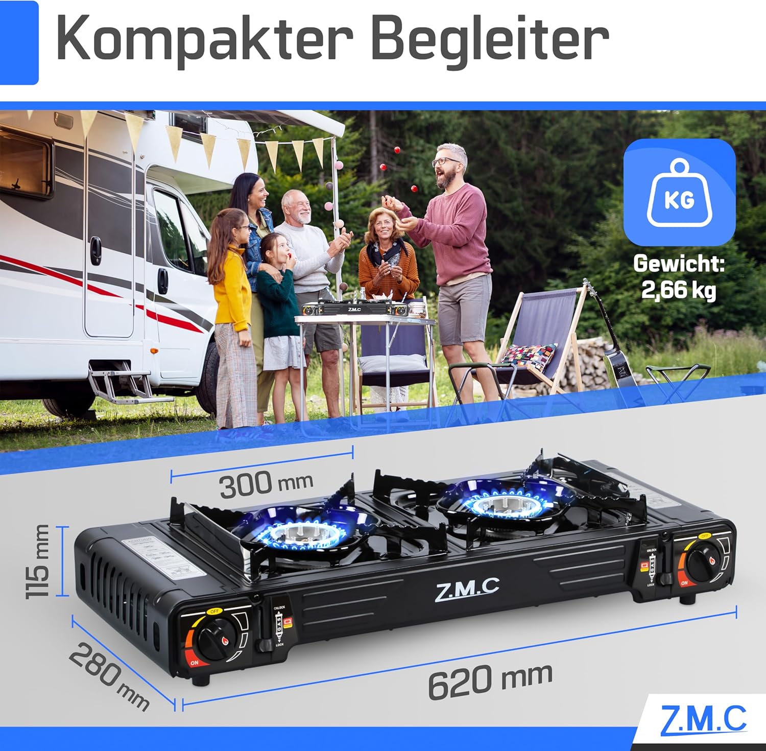 Z.M.C PREMIUM Camping Gaskocher 2-flammig + Grillplatte 45x24 cm + 16 Gaskartuschen 227g, Campingkocher mit Zündsicherung für Outdoor und Innenraum, Balkon Tisch Doppelgaskocher mit Piezozündung
