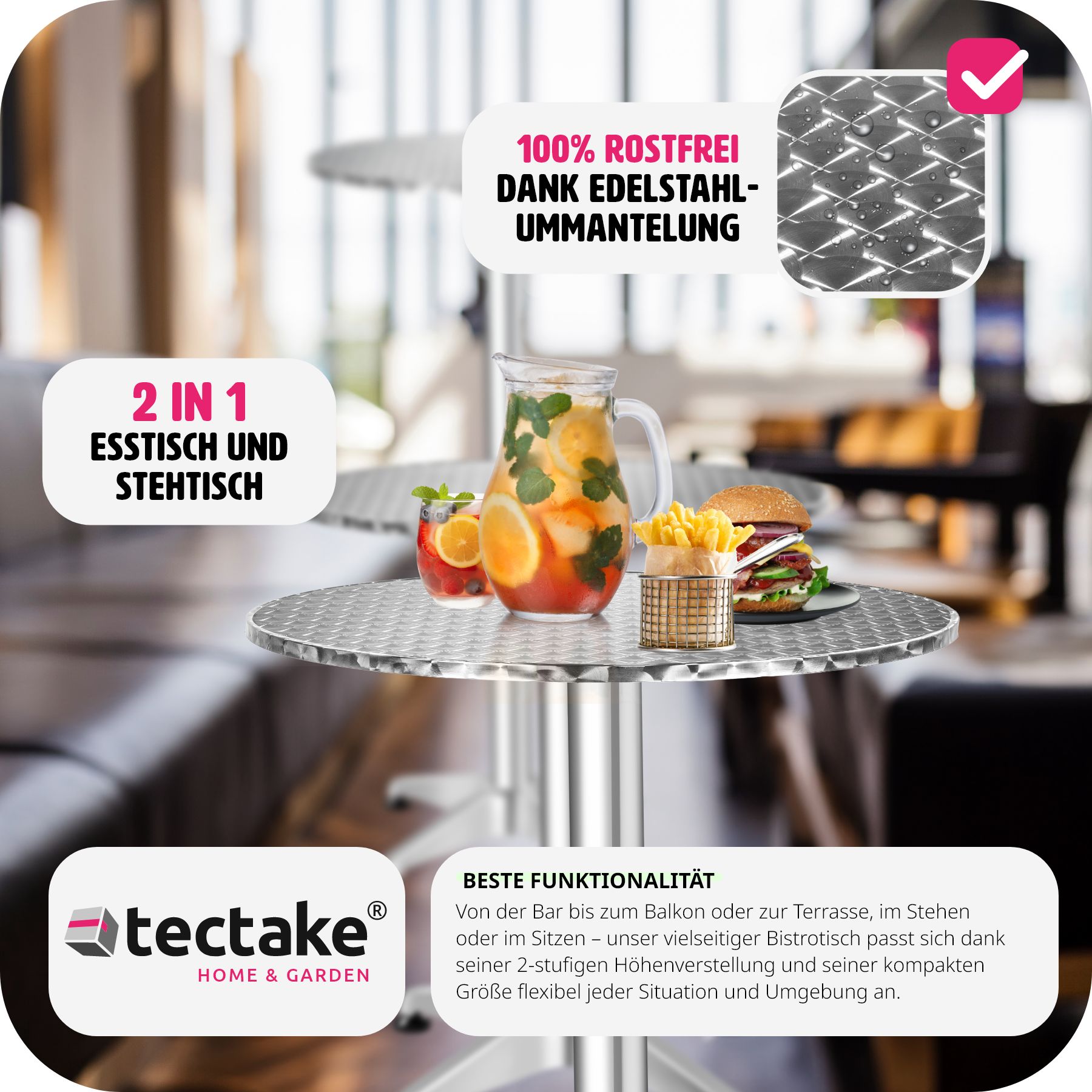 tectake® Stehtisch, aus Aluminium, rund, standfest und pflegeleicht, 60 x 70/110 cm
