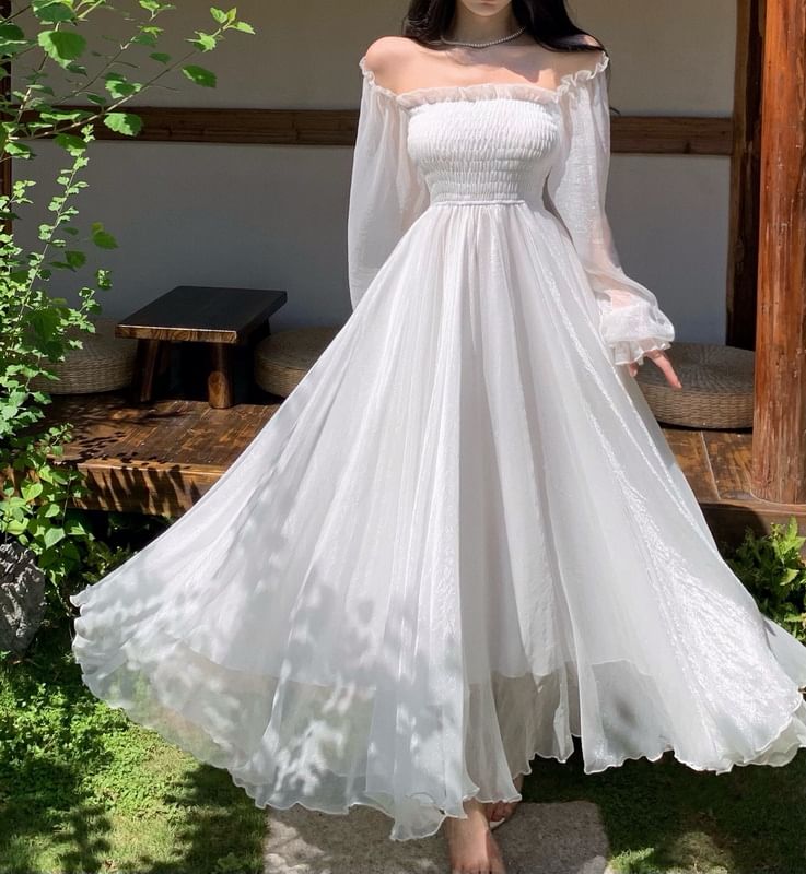 JIYON - Lange mouwen off-shoulder maxi-A-lijnjurk met ruches en ruches