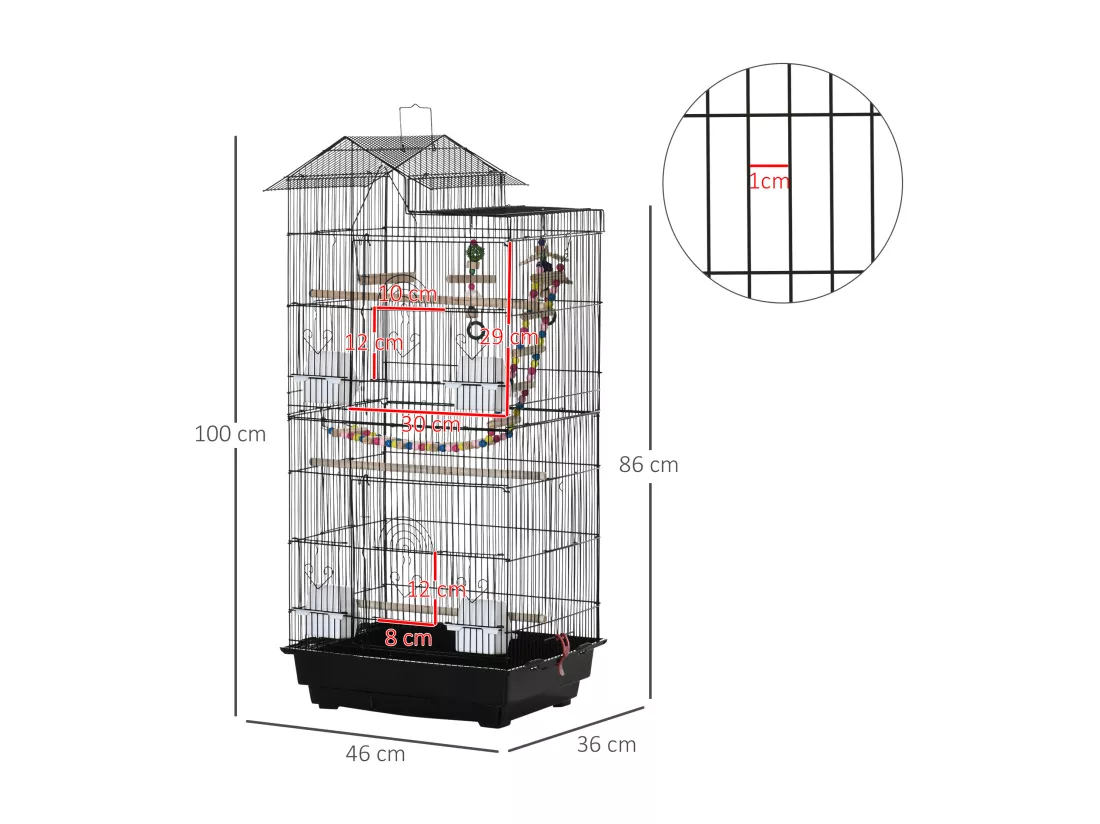 Cage à oiseaux volière dim. 46L x 36l x 100H cm - 4 mangeoires, 3 perchoirs, balançoire, 2 portes, 9 trappes, échelle, 2 jouets suspendus, plateau déjection - PP acier noir