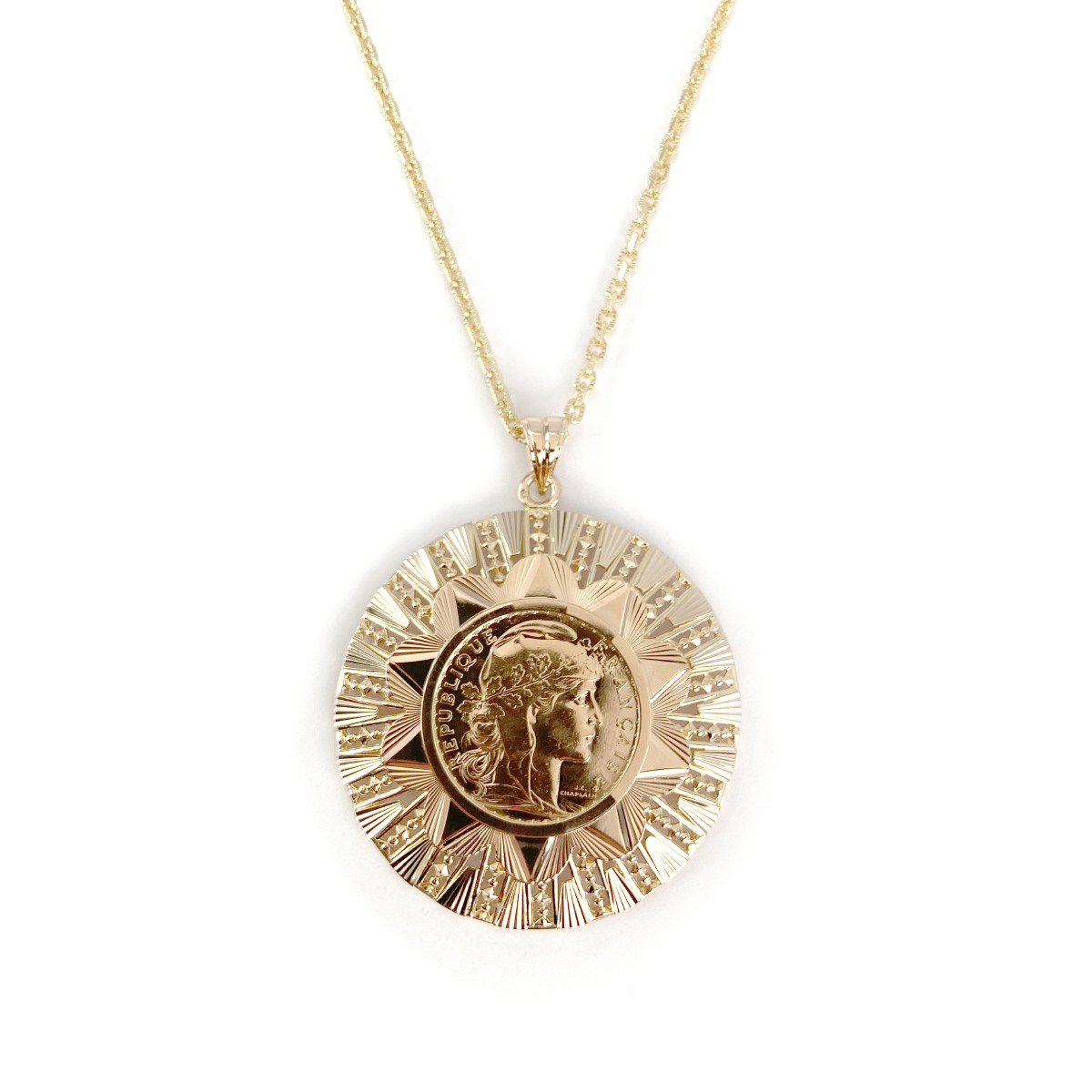 Collier or 750 jaune pendentif piece république française