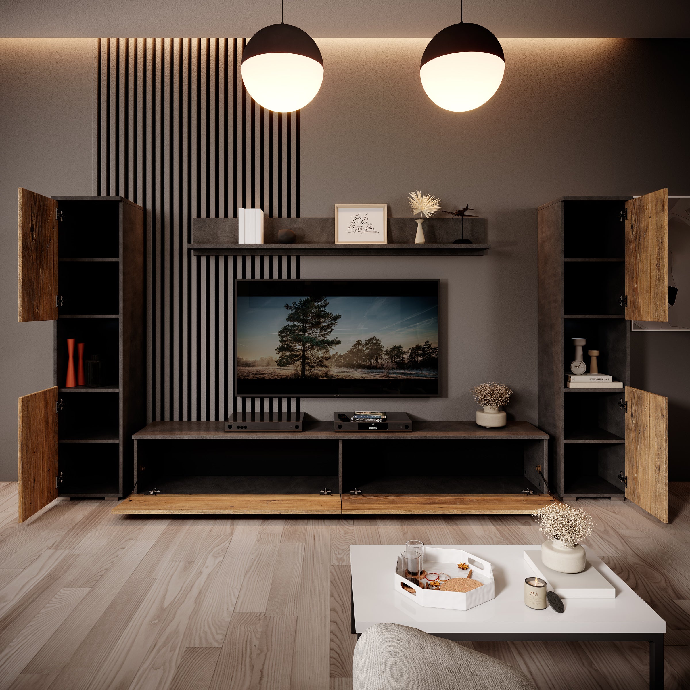 Pure XL - Wandmeubel - Eiken/Grijs - 180x33x130 cm