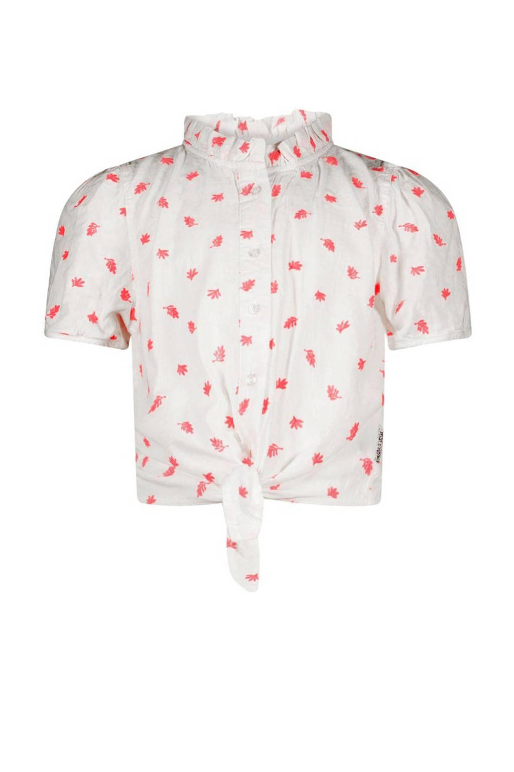 B.Nosy blouse met all over print en ruches wit/fluor roze
