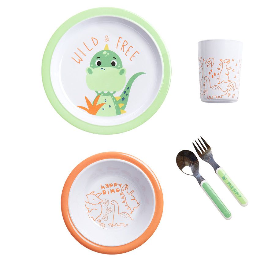 Coffret repas 5 pièces en mélamine Happy dino - Ecru
