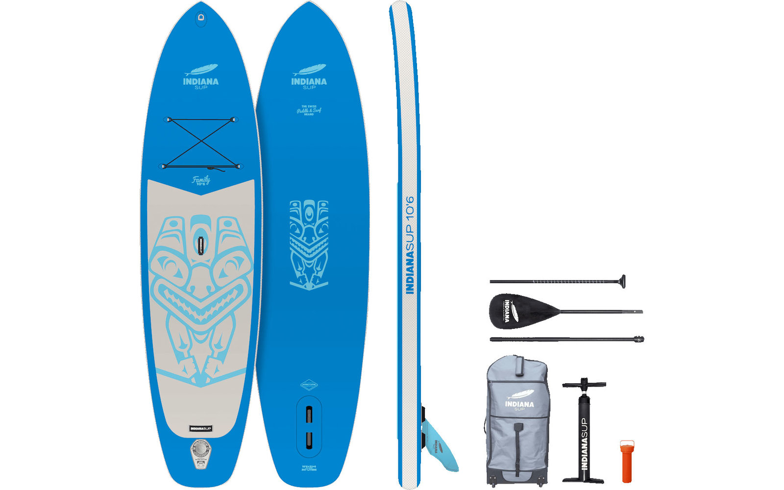 Indiana 10'6 Family Pack aufblasbares Stand Up Paddling-Board inkl. Paddel und Luftpumpe Blau