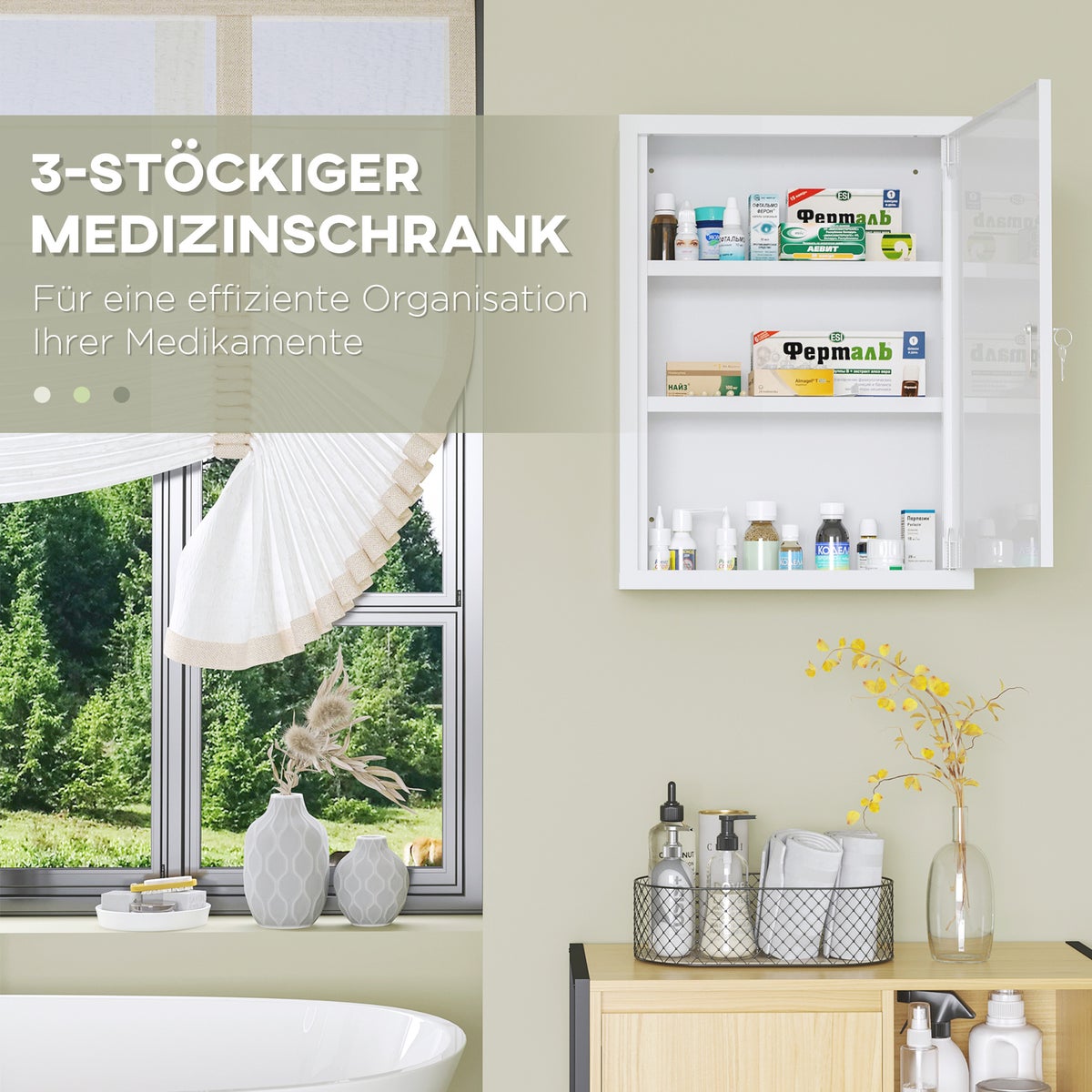 Kleankin Medicijnkast, Apothekerskast met 3 compartimenten, Afsluitbare EHBO-kast met 2 sleutels, Staal, Wit, 40 x 15 x 53,5 cm