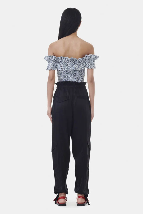Ganni Printed Cotton Off-shoulder Smock T Glacier lake