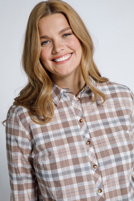 Bluse, Karo, Hemdkragen, Langarm