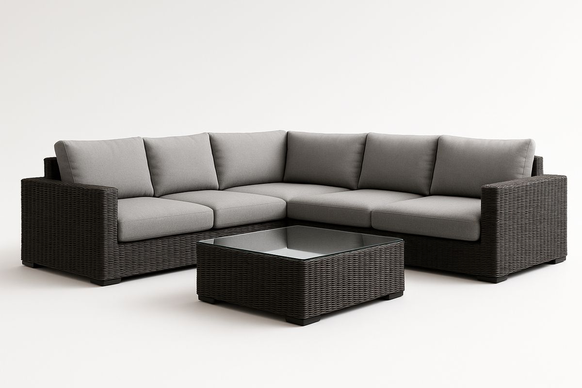 Ecksofa Set mit Couchtisch Rattan Aluminium Grau Glas