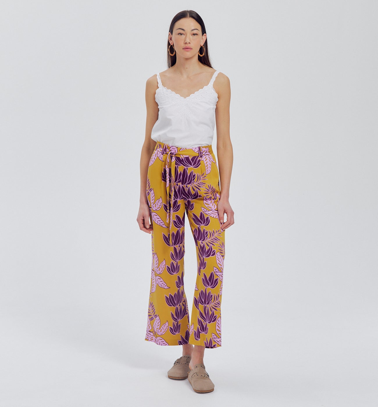 Pantalon large taille haute - Imprimé jaune