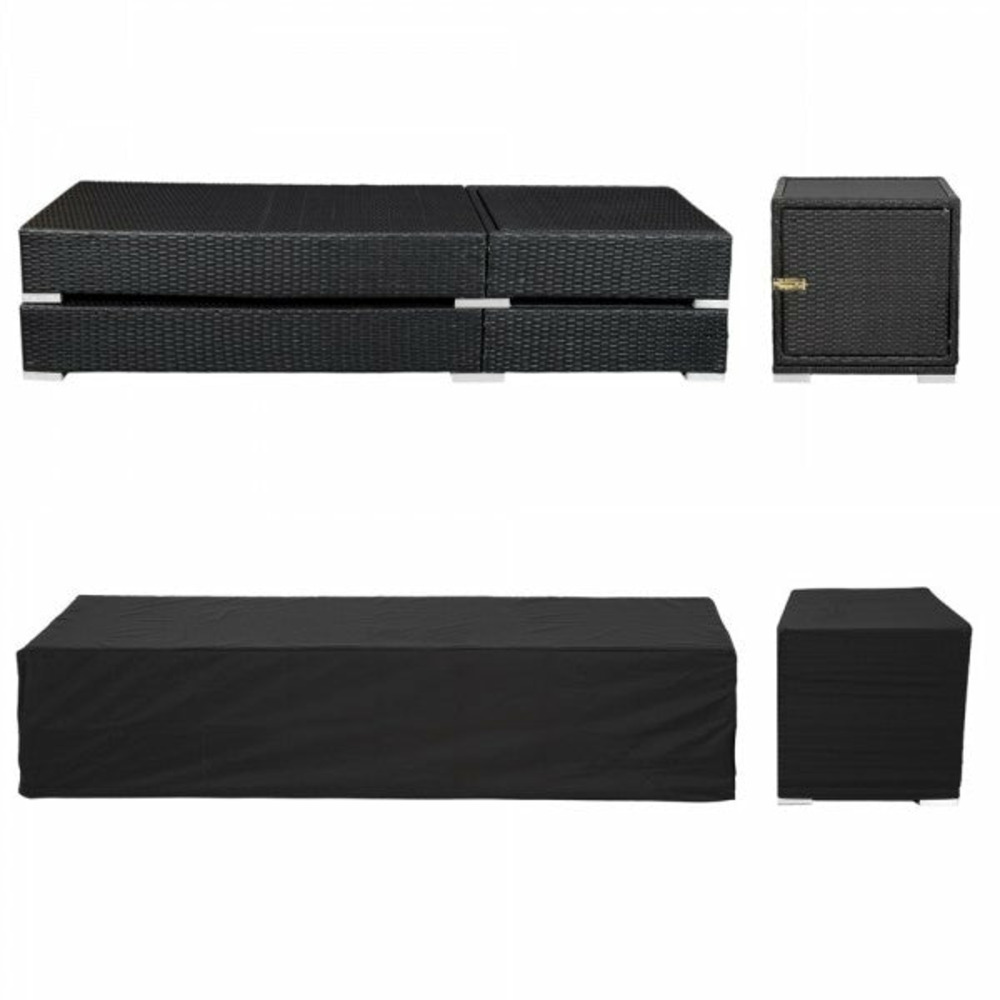 Lot de deux chaises longue bain de soleil en résine tressé poly rotin noir + table + deux set de housses + housse de protecti