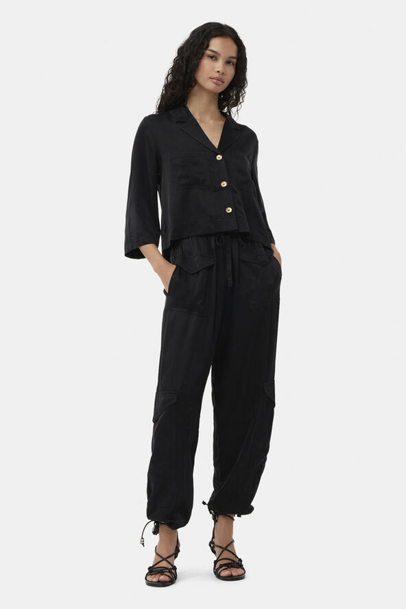 Ganni Washed Satin Crop Shirt Black